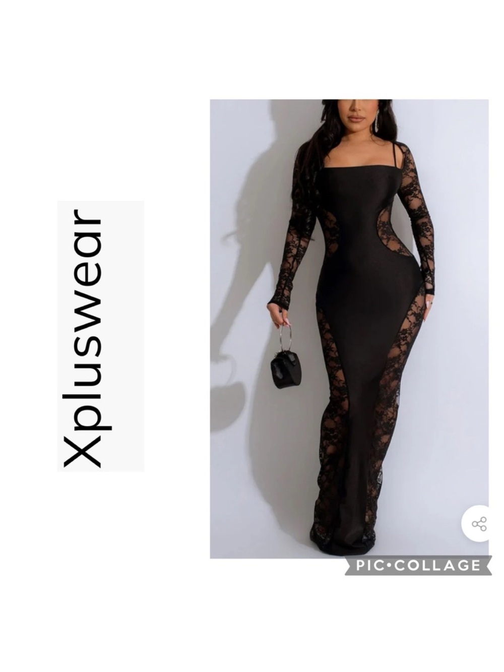 Xpluswear Sheer Lace Maxi Gown Dress Black Long Sleeve Cutout Mesh XL NWT